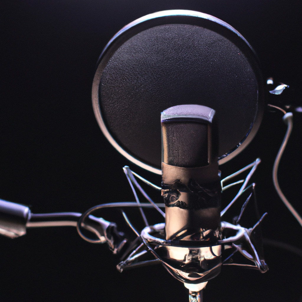 Estudio de podcasting con micrófono profesional y luces suaves, estilo chileno